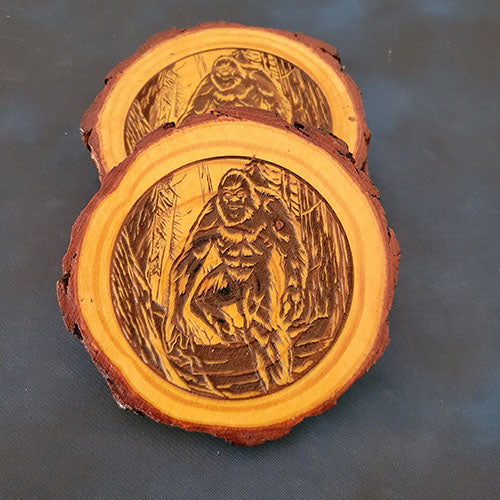 Bigfoot Emerges- Laser Engraved Pine Drink Coasters: Folklore-Inspired Rustic Charm