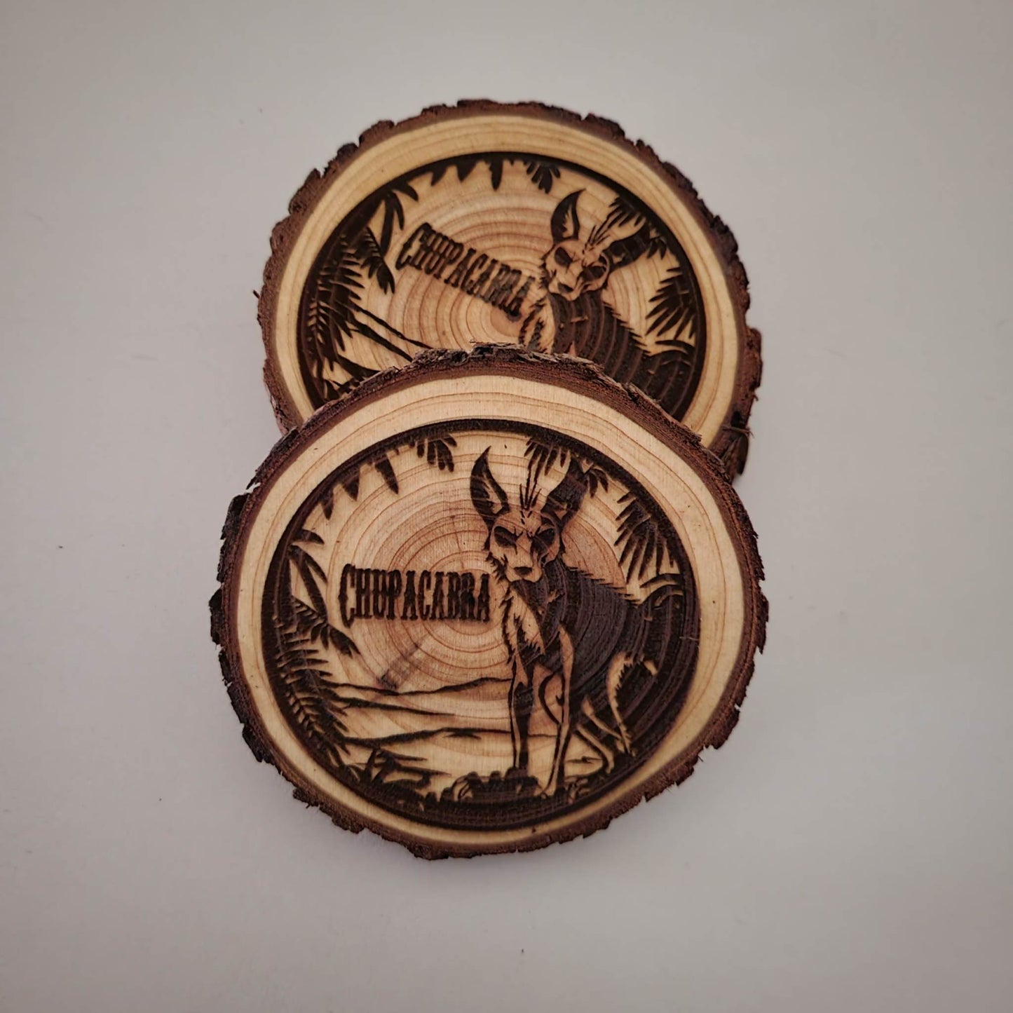 Chupacabra Laser Engraved Pine Drink Coasters: Folklore-Inspired Rustic Charm